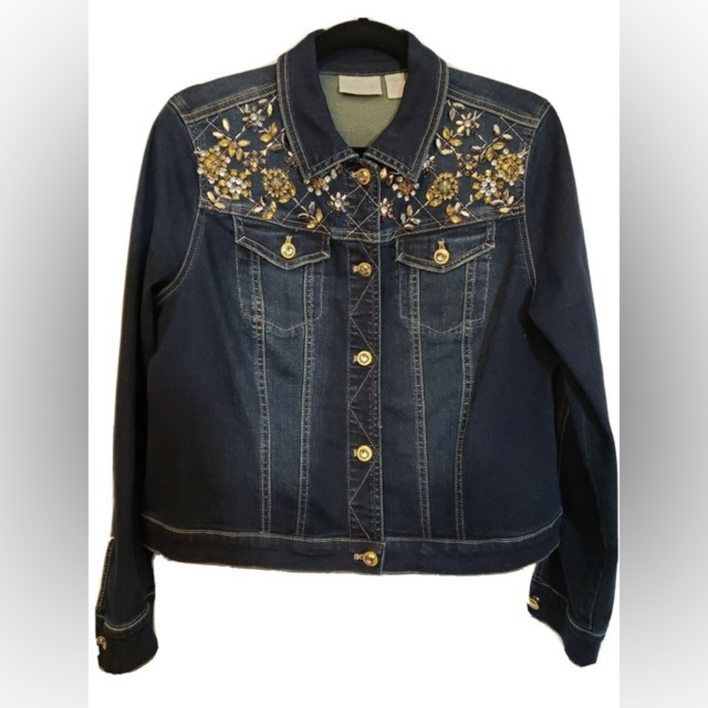 Chico's Navy Embellished Denim Jacket - Picture 2 of 10